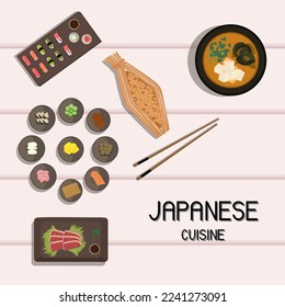 Japanese national cuisine, miso soup, sushi and natto beans, salmon steak and tsukemono. Vector illustration.