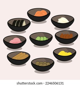 Japanese national cuisine. Tsukemono pickled vegetables. Vector illustration.