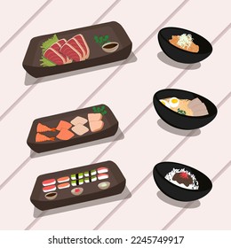 Japanese national cuisine, vector illustration of miso soup, gyudon, sashimi and sushi and more.