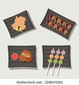 Japanese national cuisine. Vector illustration of mochi, doroyaki and takoyaki.
