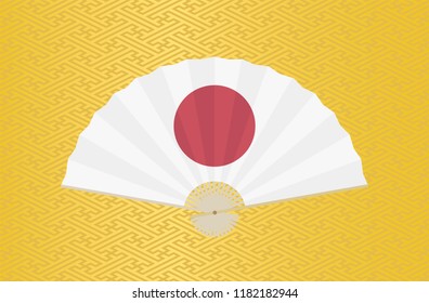 Japanese national flag fan on traditional geometric pattern vector red background