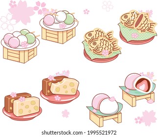 Japanese national sweets, cute patterns, sweet tones, according to the cherry blossom festival sweets for tea ceremony.