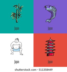 Japanese national symbols. Bamboo branch, koi fish, sumo wrestler, pagoda tower colored hand drawn doodle vector icons collection with caption. Country concept for travel company ad, web design