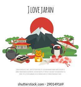 Japanese national symbols with i love japan tagline color poster flat vector illustration