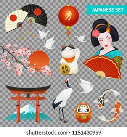 Japanese national symbols realistic set with cherry blossom geisha crane gate fuji mount transparent background vector illustration  