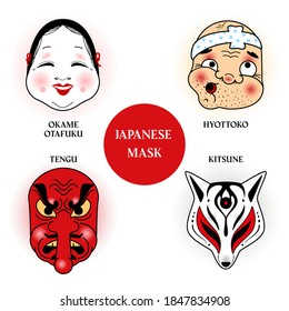 Japanese national theater masks. Four characters - Okame, Hyottoko, Tengu, Kitsune. Vector, isolated in the cartoon style.