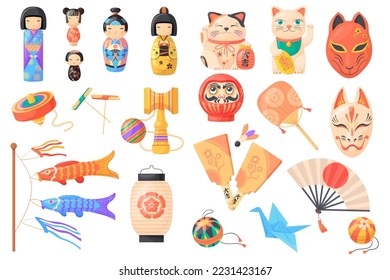 Juguetes nacionales japoneses. souvenirs de juguete de fortuna y artículos de suerte, muñeca kokeshi temari bola kawaii gata figuras de arcilla en kimono daruma tradicional asia, ilustración vectorial de recuerdo japonés tradicional