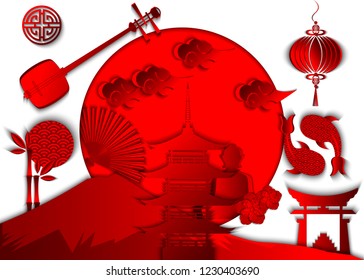 Japanese national and traditional symbols on the background of the japanese flag. Elements for design of travel brochures, cards, banners, covers. 3d vector illustration, paper cut style.