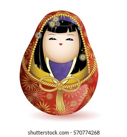 Japanese national wooden doll kimekomi princess in a red kimono and a rope belt. Vector illustration on white background. A character in a cartoon style. Isolated.