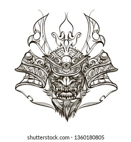 Japanese native mask. The head of the demon in line art.