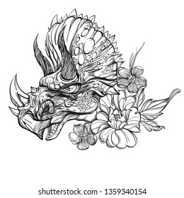 Japanese native mask in line art. Dragon head.