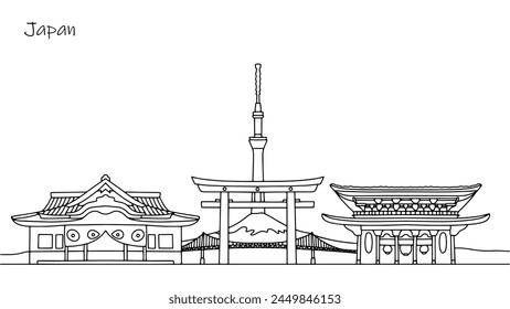 Japanese nature and architecture. Beautiful buildings in Tokyo. Vector line illustration on a white background.