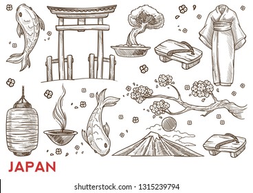Japanese nature and culture Japan symbols traveling and tourism vector sketch sakura blossom and fish kimono and torii gate flip flop and bonsai Fuji mount and lantern hot green tea Oriental country