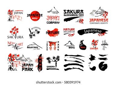 Japanese nature landscape and buildings. Red and black artistic logo set with sakura blossom, bamboo plant, brush strokes