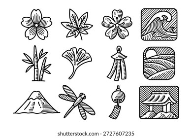 Japanese nature objects engraved icon set for cultural. Traditional japan scenery hand drawn element symbol pack with blossom, leaf, bamboo, ginkgo, dragonfly, insect, mountain, wave, tassel, temple