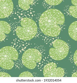 Patrón ininterrumpido de la naturaleza japonesa con adorno aleatorio de agua de lirio verde claro. Fondo turquesa con salpicaduras. Diseñado para el diseño de tejidos, impresión textil, envoltura, cubierta. Ilustración del vector