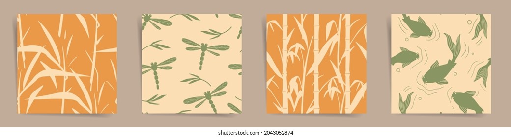 Japanese nature seamless pattern set. Floral, natural and botanical theme pattern in traditional japanese style. Collection of beige and orange seamless backgrounds with floral silhouettes. Vector set