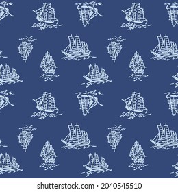 Japanese Nautical Boat Motif Vector Seamless Pattern