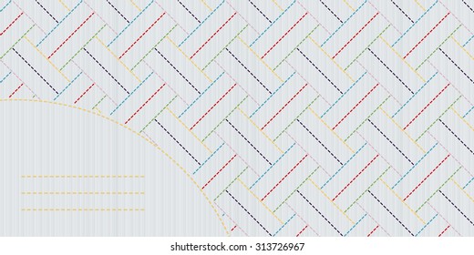 Japanese needlework card. Text frame. Sashiko stitching backdrop. Antique japanese fancywork. Simple motif. Colorful sashiko motif with copy space for text.