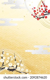 Japanese New Year background illustration Ikebana, a Japanese-style flower decoration design with red and white plum blossoms and pine branches.