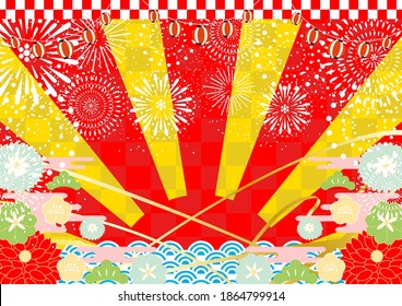 Japanese New Year background  rising sun and flowers fireworks