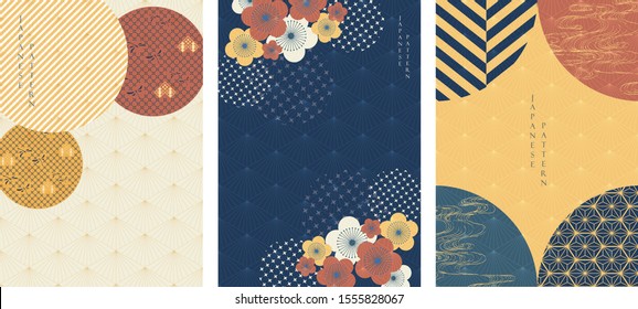 Japanese New Year Banner design. Abstract background with oriental icon elements. Japanese wave pattern with mountain background. Chinese template. Asian wavy cover and layout. Cherry blossom & cloud.