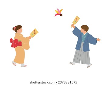 Japanese new year. Boy and girl enjoy traditional badminton.