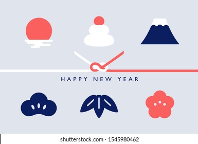 Japanese new year card with 6 icons. Red and blue color scheme. Sunrise, rice cakes, Mount Fuji, pine, bamboo, plum.