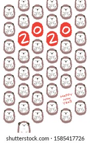 Japanese New Year card template. Happy New Year 2020. The main character is cute hedgehog.