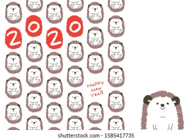 Japanese New Year card template. Happy New Year 2020. The main character is cute hedgehog.