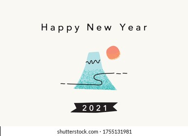 Japanese new year card template. Happy new year 2021 text, Mount Fuji and sunrise illustration