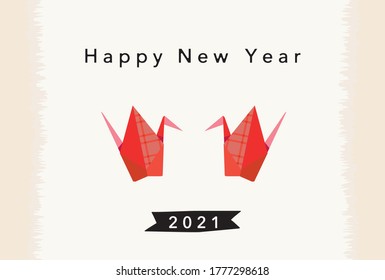 Japanese new year card template. Happy new year 2021 text, Red paper bird crane illustration