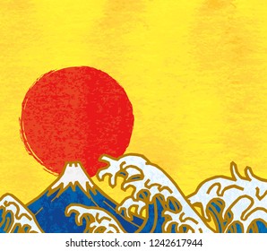 Japanese new year elements.BIg waves and first sunrise.Japanese picture.Vector illustration.