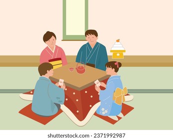 Japanese new year. Family in Japanese room.