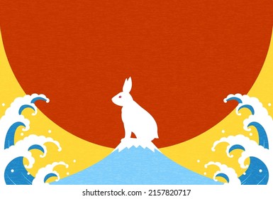 Japanese New Year greeting card for the year of the Rabbit 2023, Rabbit, Mt Fuji and the first sunrise of the year 2023, wavy white waves background