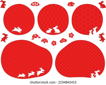 Japanese New Year icons and red circular frames with various Japanese traditional patterns and rabbit silhouettes