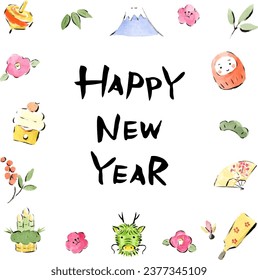Japanese New Year lucky charms and dragon square frame painted by watercolors