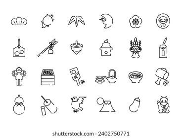 Japanese New Year lucky charms. Vector illustration. Icon set of Black line . Simple and cute design.