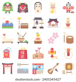 Japanese New Year related flat icon set, vector illustration