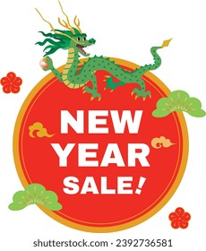 Japanese New Year sale design with green dragon and red circle. Vector illustration.