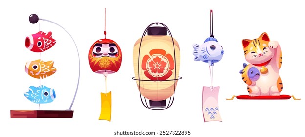 Japanese new year traditional elements - cartoon vector set of decoration pendant daruma doll and fish with ornament hanging charm, paper lantern and koinobori, lucky maneko neko cat with waving paw.