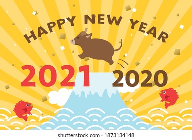 Japanese New Year's card in 2021.  Cows jumping from 2020 to 2021.