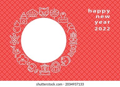 Japanese New Year's card in 2022. Japanese lucky charm line icon photo frame.