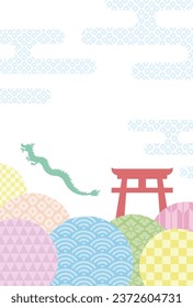 Japanese New Year's card with dragon and japanese pattern background