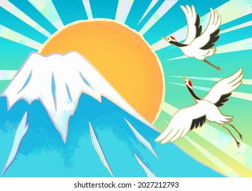 Japanese New Year's card illustration design.The sun, Mt. Fuji and the crane.