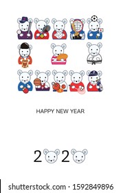 Japanese New Year's card with illustrations of rats playing various sports.