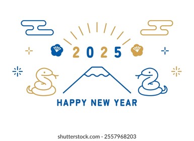 Japanese New Year's card with snake and Mt. Fuji, Year of the Snake 2025, vector illustration