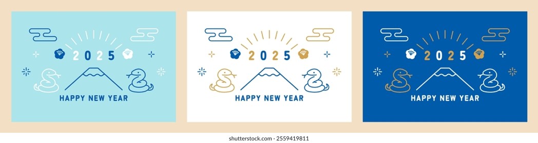 Japanese New Year's card with snake and Mt. Fuji, Year of the Snake 2025, vector illustration