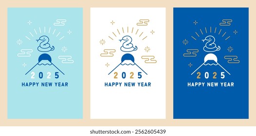 Japanese New Year's card with snake and Mt. Fuji, Year of the Snake 2025, vector illustration