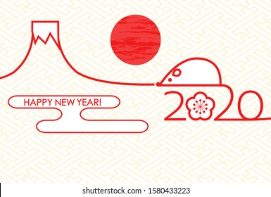 Japanese New Year's card template for 2020 with Mt.Fuji and zodiac mice on the first sunrise